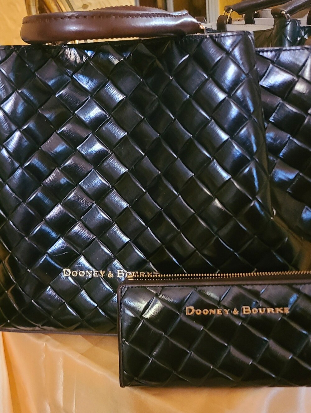 Dooney & Bourke Black Woven Leather Tote with Matching Wallet